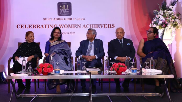 Ms Nina Gupta, Vice Chair, SILF; Additional Solicitor General Archana Pathak Dave, Attorney General R Venkataramani, Dr Lalit Bhasin, President, SILF; Ms Shweta Bharti, Managing Partner, Managing Partner, Hammurabi & Solomon Partners (LtoR)