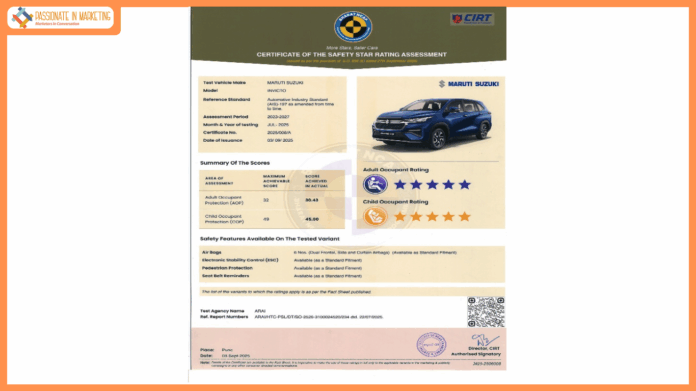 Maruti Suzuki Invicto, India’s Premium Strong Hybrid UV, Secures 5-Star Safety Rating In The Bharat NCAP Assessment