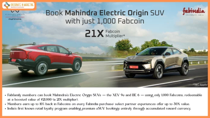 Fabindia partners with Mahindra Electric Origin SUVs, enabling customers to book premium eSUV’s for just 1,000 Fabcoins Fabindia partners with Mahindra Electric Origin SUVs, enabling customers to book premium eSUV’s for just 1,000 Fabcoins