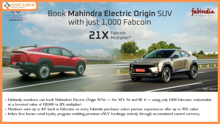 Fabindia partners with Mahindra Electric Origin SUVs, enabling customers to book premium eSUV’s for just 1,000 Fabcoins