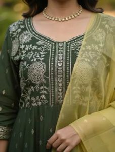 Rangita’s Poly Viscose Embroidered Anarkali Calf Length Kurta with Pant and Dupatta - Green