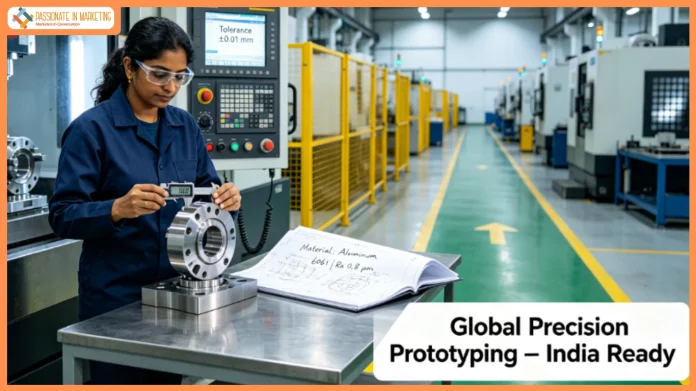 Indian engineer inspecting a precision-machined metal part with digital caliper at a CNC machine, showing tolerance specification and engineering drawing, representing high-precision prototyping services for India manufacturing.